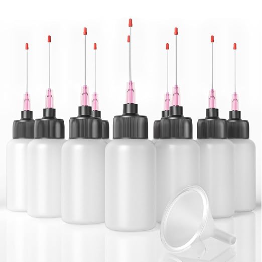 10 Pcs Oil Bottles (1 oz), LDPE Precision Gun Oil Bottle with 18G Tips | Precision Tip Applicators, Soft Squeeze Control, Sealing Caps, Funnel for Refilling, Crafts, Sewing Machines & Tight Spaces