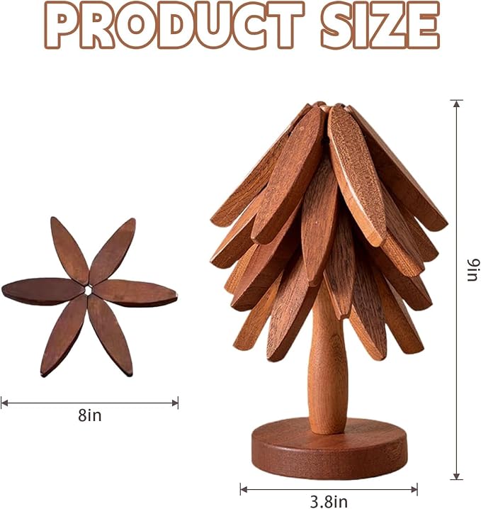 Wooden Cup Coaster Set，Tree Shape Trivet Set,Tree Coasters- 4 Wooden Trivets + 1 Stand stored for hot Dish/Pot/Bowl/teapot/hot Pot Set