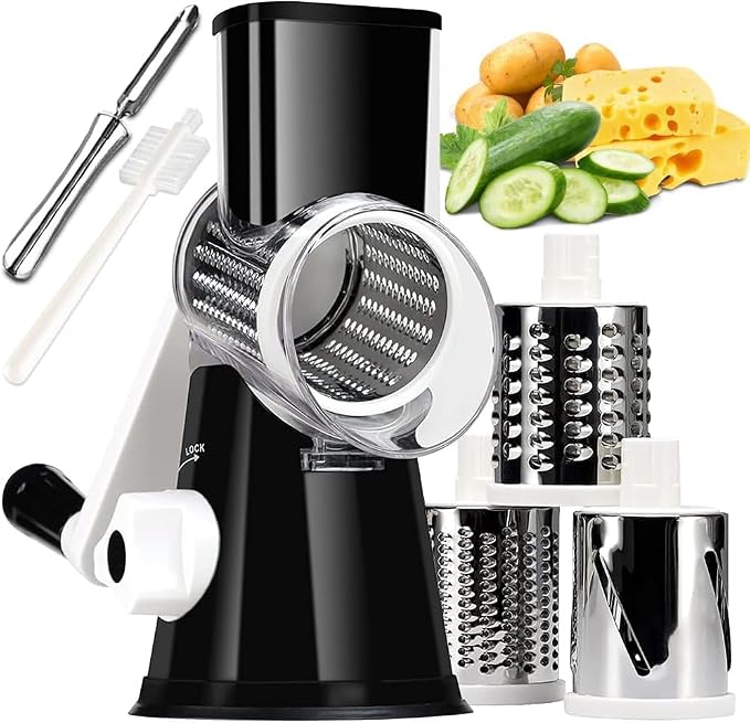 KEOUKE Rotary Cheese Grater Hand Crank Black - Shredder Slicer Grinder 3 Stainless Steel Blades, Stable Suction, Labor-Saving Handle, Safe Kitchen Tool for Cheese, Vegetable, Nuts, Chocolate