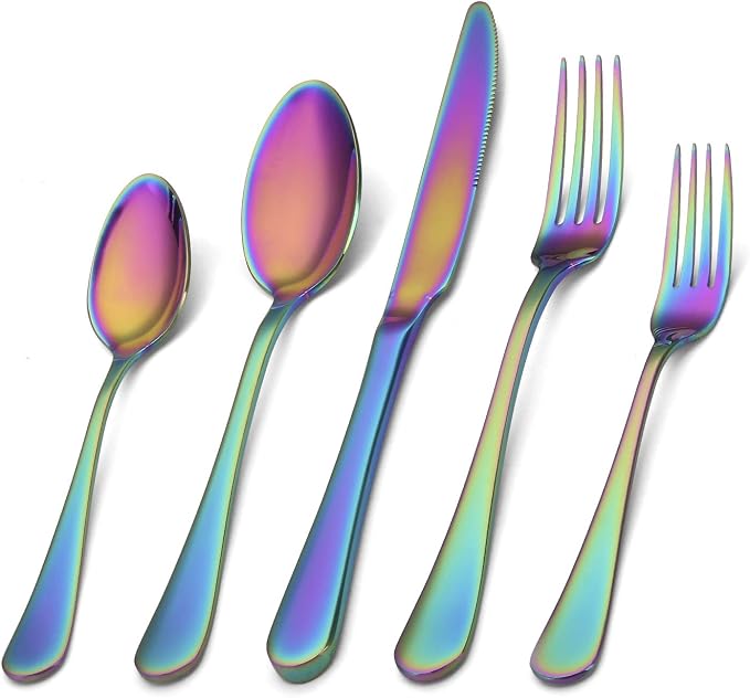 Rainbow Silverware Set,SHARECOOK 20-Piece Stainless Steel Flatware Set with Round Edge,Kitchen Utensil Set Service for 4,Dishwasher Safe (Multicolor)