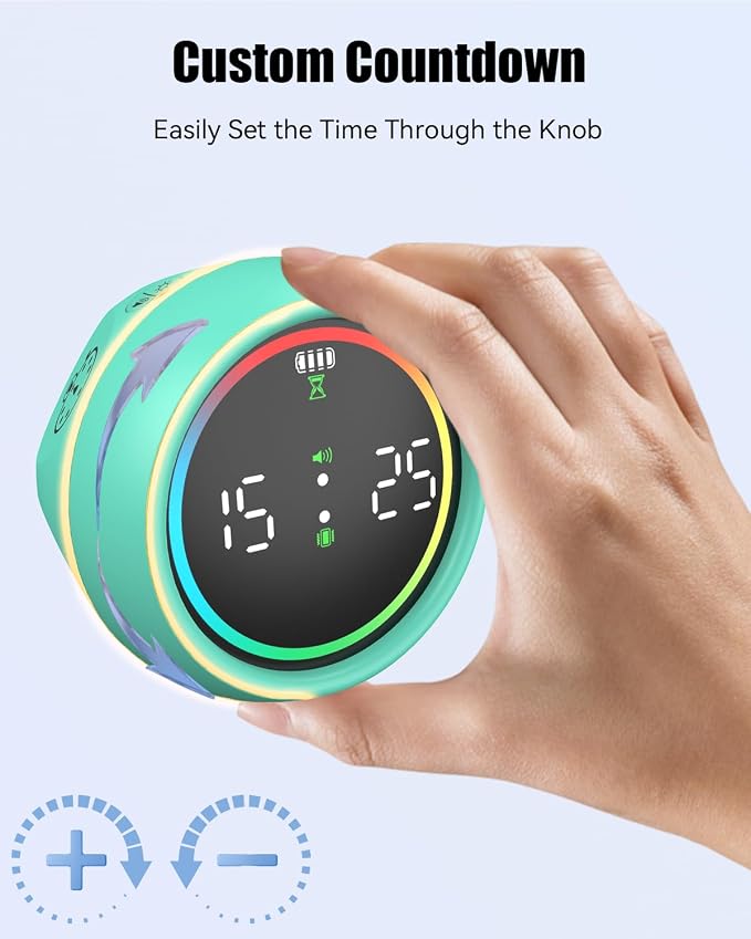 Pomodoro Timer Cube, Desk Timer for Productivity with 1, 5, 10 Min Preset Countdown, Stopwatch and Custom Countdown, for Kids, ADHD, Study, Work, Fitness, Cooking (Cyan)