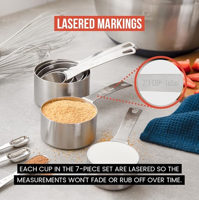 Chef Pomodoro Stainless Steel Measuring Cups, Stackable 7 Pcs Long Handle | Metal Measuring Cups Stainless Steel, Lasered Markings Stainless Measuring Cups Long Handle, Nesting Set with Sorting Ring