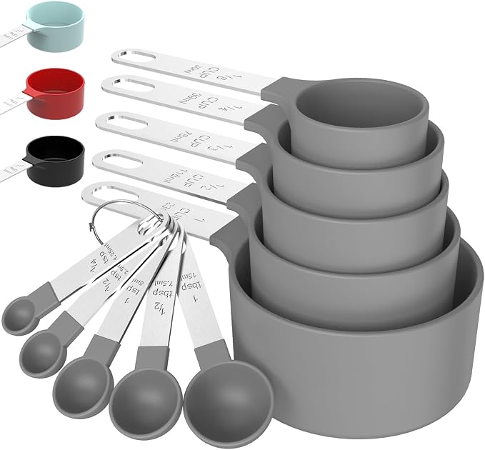 Measuring Cups & Spoons Set, Stackable Cups and Spoons | Nesting Measure Cups with Stainless Steel Handle, Kitchen Gadgets for Cooking & Baking (Gray)
