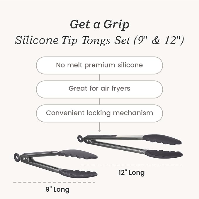 Starpack Get a Grip Silicone Kitchen Tongs (2-Pack, 9" + 12") - LFGB Non Toxic, 600°F Heat Resistant, BPA-Free - Heavy-Duty Stainless Steel, Locking - Dishwasher Safe for Nonstick Cookware Gray Black