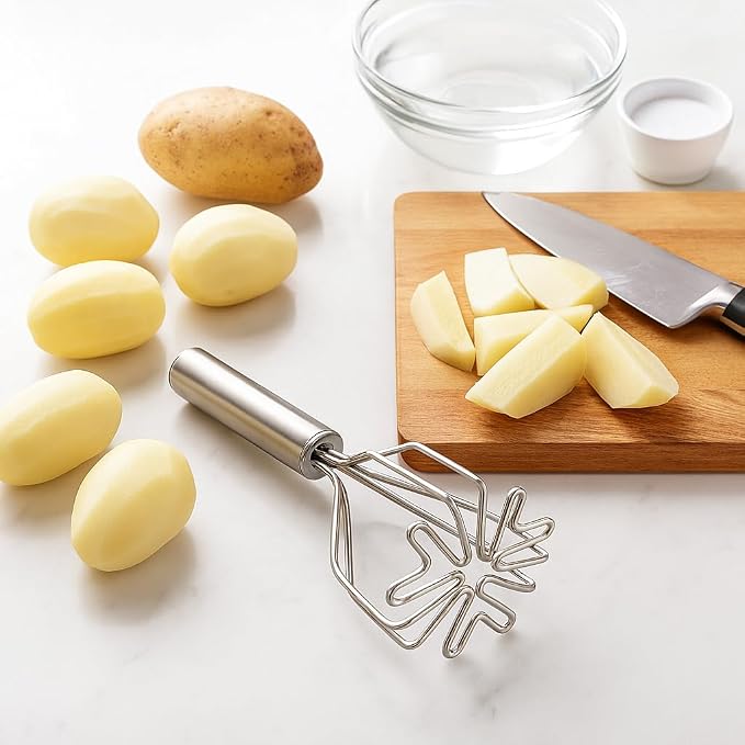 HIC Kitchen 2-In-1 Mix N’Masher Potato Masher, 18/8 Stainless Steel, For Potatoes, Vegetables, Fruits, Guacamole, Baby Food, And Eggs
