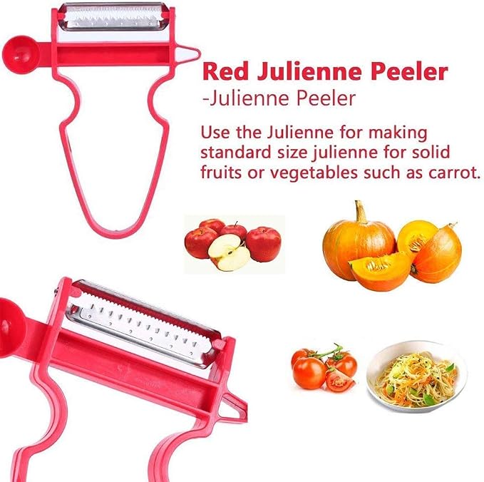 Kitchen Food Peeler Set, Stainless Steel Blades with Non-Slip Handles, 3-Piece Set (Black 50mm, Blue 68mm, Red Julienne)