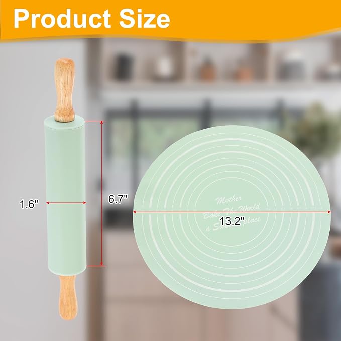 uxcell 6.7 Inch Silicone Rolling Pin and Pastry Baking Mat Set Small Dough Roller with Wood Handle for Pizza Pastry Fondant Home Kitchen, Mint Green