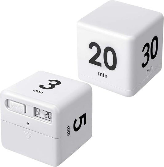 Weewooday 2 Pieces Cube Productivity Timer Flip Gravity Sensor Flip Countdown Countup Workout Timer Management 1 3 5 10 Minutes and 15 20 30 60 Minutes for Back to School Work Kitchen(White)