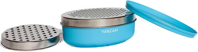 YAKCAM Cheese Grater with Container Bowl, 4-Pc Shredder and Zester | Fine and Course Stainless Steel Blades | Nonslip Base | Vegetable and Citrus Zester | 7x4.75x2.75 in