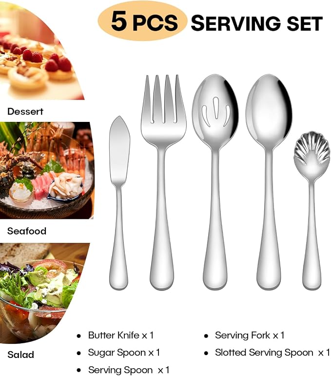 EUIRIO 5 PCS Serving Utensils Set, Large Stainless Steel Spoons Forks, Sugar Spoon and Butter Knife, Great for Hostess Buffet Catering Banquet Party, Mirror Polished, Dishwasher Safe, Silver