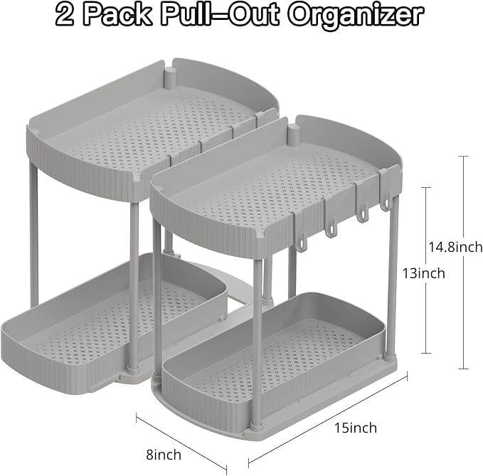 2 Packs Under Sink Pull-Out Storage Organizers, 14.8 Inches, Grey | Multi-Purpose Cabinet Organizers and Storage for Bathroom & Kitchen