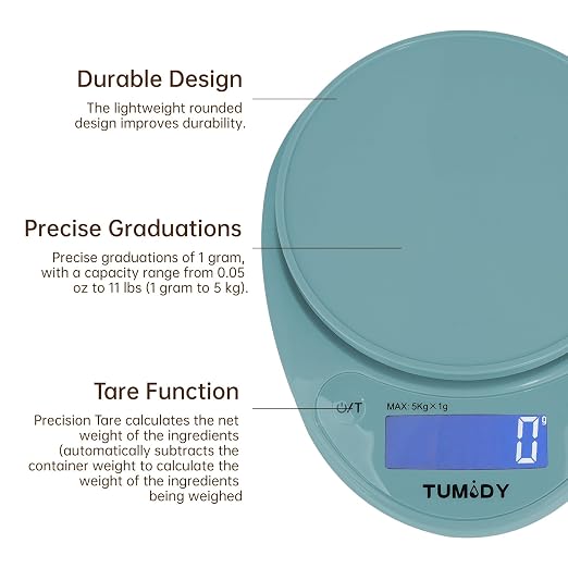 Small Digital Kitchen Scale Food - 11lb/5kg Kitchen Weight Scale with LCD Display for Weight Loss, Sourdough Bread, Baking, Cooking, Keto and Meal Prep, 1g Precision, Batteries Included, Blue