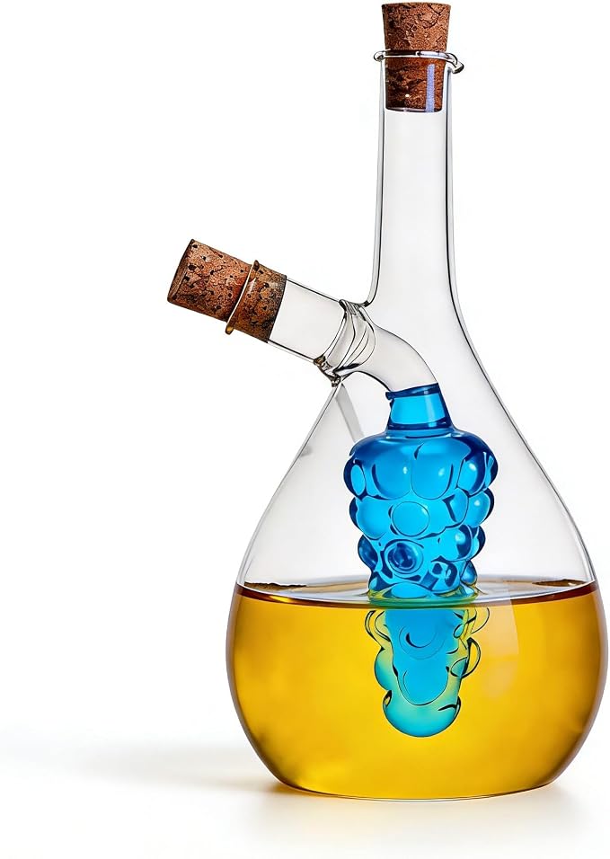 ELETON Grape Motif 2 in 1 Glass Oil and Vinegar Dispenser – Dual Chamber Cruet Bottle for Olive Oil & Balsamic, Leakproof Kitchen Container with Cork Stopper