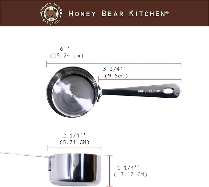 Honey Bear Kitchen 1/3 Cup 80 ml Leave-in Measuring Scoop Cups, Polished Stainless Steel (Set of 2)