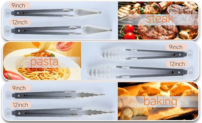 Kitchen Tongs,Set Of 3 Tongs with Silicone Tip for Cooking 9/12 Inch Stainless Steel Kitchen Tong for Meat,Food Grill,Salad,BBQ,Frying,Serving,Dishwasher (White, 9 Inch)