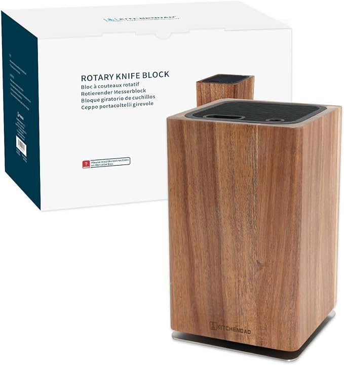 KITCHENDAO Magnetic Knife Block without Knives, 360° Rotary Acacia Wood Knife Holder, Large Universal Knife Storage with Magnet, Countertop Butcher Block Knife Stand for Easy Kitchen Storage