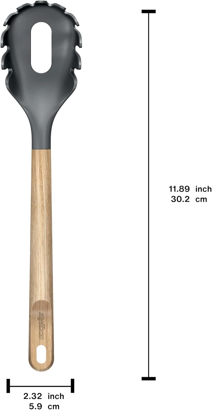 Zyliss Spaghetti Server Oak Wood – Durable Pasta Server with Heat-Resistant PBT Head, Non-Stick Safe Silicone Edge, FSC Oak Handle, Built-In Portion Gap, Perfect for Spaghetti and Long Noodles 11.9"