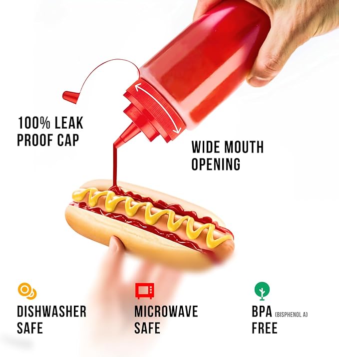 Norcalway 12 oz Condiment Squeeze Bottles for Sauces - Leak Proof - 6 Pack