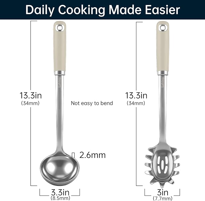 Safring Stainless Steel Soup Ladle and Spaghetti Spoon Set, Heat Resistant Rubber Handle, Dishwasher Safe, Kitchen Utensils for Cooking, Stirring, Serving Pasta, Soup & Sauce (Beige)