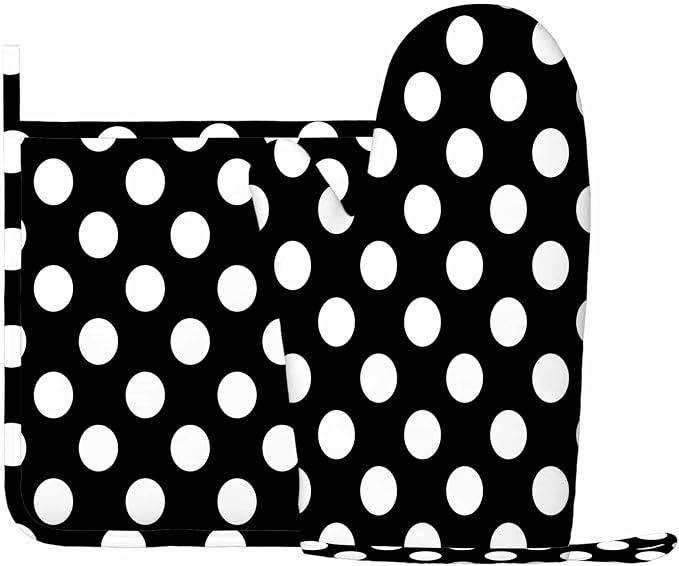 Mxocom Polka Dot Oven Mitt and Pot Holder with Silicone Black White Round Circle Heat Resistant Kitchen for Cooking BBQ Baking Grilling Spring/Summer
