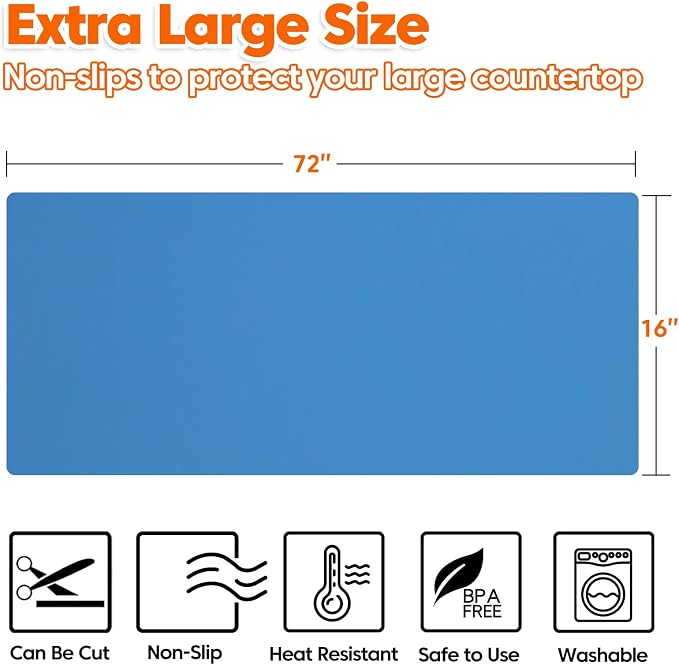 Large Silicone Mat, 72”x16” Heat Resistant Mats for Countertop, Cuttable Waterproof Kitchen Counter Mat, Multipurpose Countertop Protector Mat, Silicone Mats for Kitchen Counter (Blue)