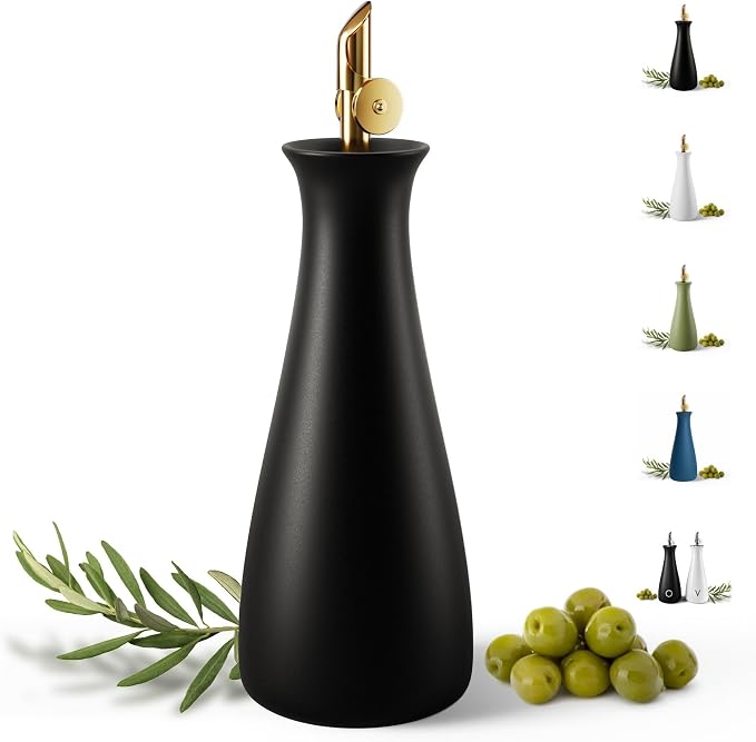 Ceramic Olive Oil Dispenser with Self-Closing Gold Spout, 530mL, Leakproof | Leak Proof EVOO Dispensing Bottle, Stainless Steel Self-Closing Spout, Ergonomic, Durable, Easy Pour, Stylish, 530mL Capacity