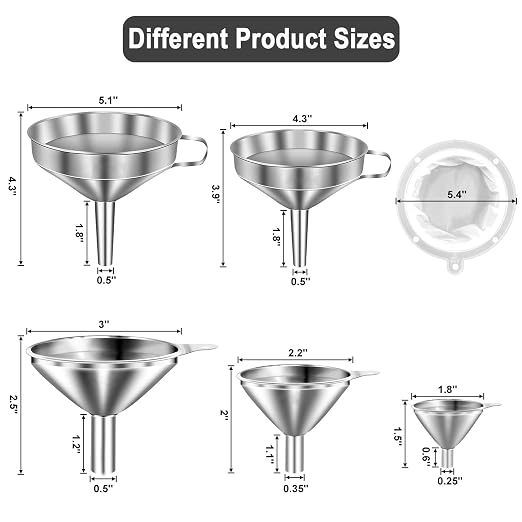 Stainless Steel Funnels for Kitchen use,5 Different Sizes of Kitchen funnels,Metal Funnel with 2 Removable Strainer,Cleaning Brush,200 Mesh Food Filter,for Transferring of Liquid,Oils,Jam