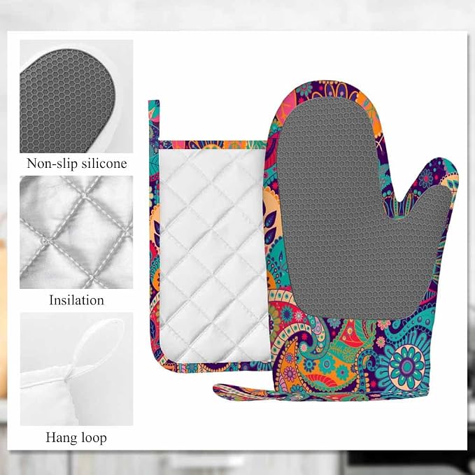 Mxocom Colorful Flowers Silicone Oven Mitts and Pot Holders Sets Exotic Curly Ethnic Fantastic Floral Colorful Artistic BBQ Gloves for Kitchen,Cooking,Baking,Grilling