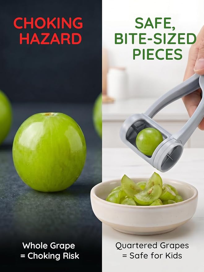 Homnoble Grape Cutter for Toddlers & Baby - Stainless Steel Grape & Cherry Tomato Slicer for Kids Lunch Box - Portable Small Fruit Quarterer Tool, Prep for Salad & Healthy Snacks