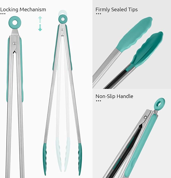 Heat Resistant Silicone Kitchen Tong: U-Taste 16 inch Extra Long Large 480ºF Hot Proof Cooking Tong with Sturdy Non Stick Rubber Tips & Non Slip Silicon Coated Steel Handle for Grilling BBQ (Aqua Sky)