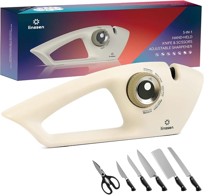 Knife Sharpener with Adjustable Knob, 5-Stage Handheld Premium Kitchen Knife Sharpener Tool, Diamond/Ceramic/Steel Sharpening Stone for Pocket Knives, Chefs & Serrated Knives, Scissors, White