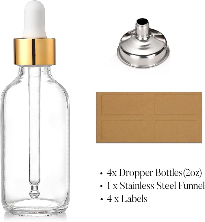 AOZITA Set of 4, 2 oz Golden Cap Clear Dropper Bottles (60ml) with 1 Funnel & 4 Labels - Glass Tincture Bottles for Essential Oils with Eye Droppers - Leak Proof Travel Bottles for Liquids