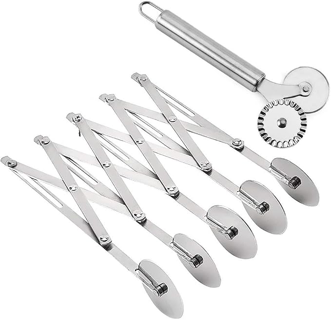 2 Pcs 5 Wheel Pastry Cutter Pizza Cutter Stainless Steel Knife | Multi-round Slicer Wheels, Expandable Roller Dough Divider Tools, Baking Pies Cookies Waffles Lattice Cutting Sheets Gears