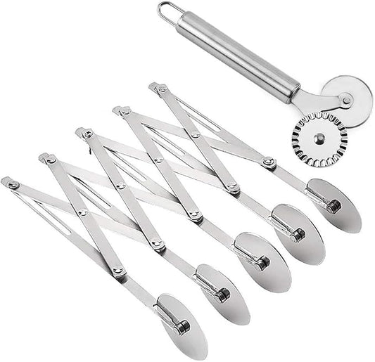 2 Pcs 5 Wheel Pastry Cutter Pizza Cutter Stainless Steel Knife | Multi-round Slicer Wheels, Expandable Roller Dough Divider Tools, Baking Pies Cookies Waffles Lattice Cutting Sheets Gears