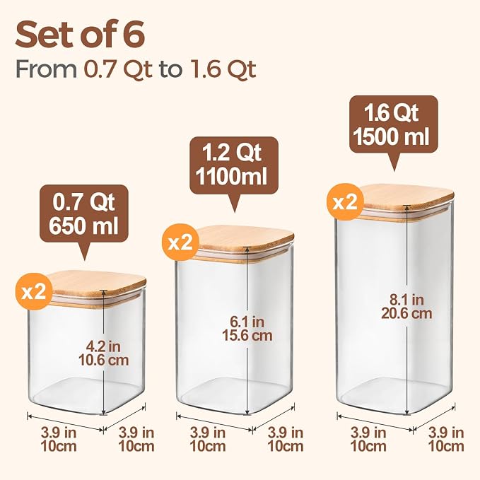 ComSaf Glass Pantry Storage Containers (0.7Qt/1.2Qt/1.6Qt) Set of 6, Square | Glass Storage Containers with Lids, Kitchen Canisters, Pantry Jar, Bamboo Lid with Silicone Seal, Flour Cereal Tea, BPA Free