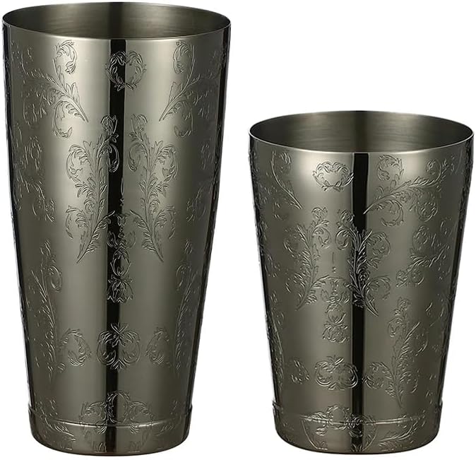 Stainless Steel Boston Shaker with Etched Pattern Weighted Shaking Tin Set (Leaf Black)