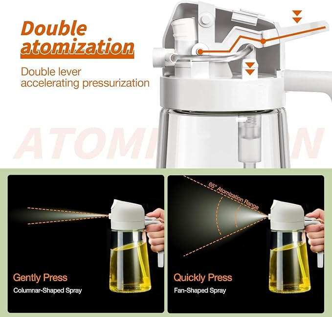 Oil Sprayer for Cooking 2 in 1, 470ml/16oz, Oil Spray & Dispenser Glass Bottle, Food-grade material for Kitchen, Salad Dressing, Frying, Air Fryer & BBQ (Black&CreamyWhite)