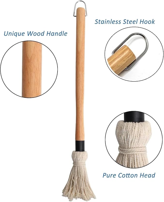 15.5in Basting Mop Brush for BBQ Grilling - Wooden Handle Detachable with 2 Replacement Heads &Silicone Brush - Grill Tools for Outdoor Cooking, Camping, Smoking