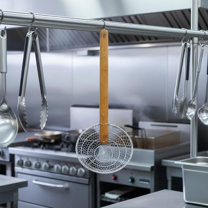 TrueCraftware- 6” Coarse Mesh Skimmer Galvanized Steel with Natural Bamboo Handle- Spider Strainer Ladle Kitchen Frying Food Pasta Spaghetti for Cooking and Frying Pasta Strainer Spoon
