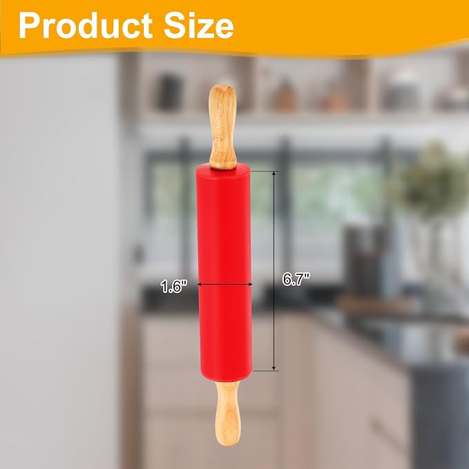 uxcell 6.7 Inch Silicone Rolling Pin, Small Dough Roller with Wood Handle for Pizza Pastry Fondant Kitchen, Red