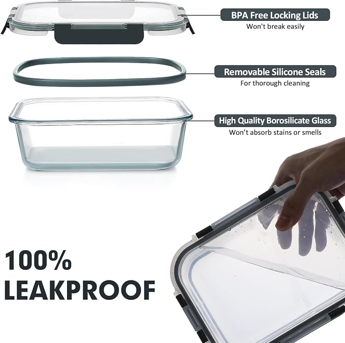 VERONES 30 Pieces Glass Food Storage Containers Set with Lids, Grey | Stackable Glass Meal Prep Containers Set with Lids, Airtight Lunch Containers, for Microwave, Oven, Freezer & Dishwasher