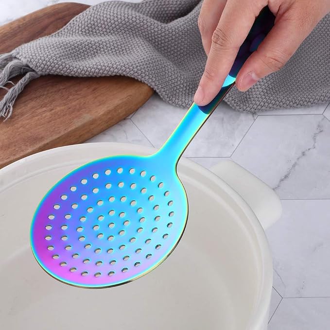 Skimmer Spoon, BuyGo Kitchen Tool Slotted Spoon Stainless Steel Cooking Utensil Strainer Ladle with a Loop, Comfortable Grip Design Strainer Ladle for Kitchen, Rainbow