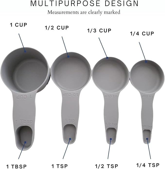 Storage Theory 2-in-1 Measuring Cups & Spoons Set (4-Piece) - Nesting Space-Saving Kitchen Gadget - BPA-Free Food Grade Plastic - Dishwasher Safe for Baking, Cooking, Coffee - Gray