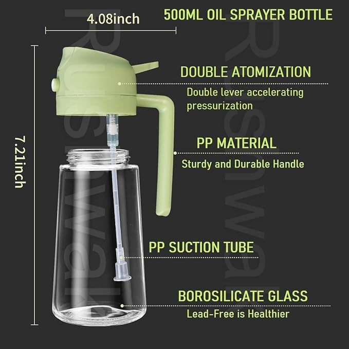 2 in 1 Oil Sprayer & Dispenser 500ml Glass Bottle for Cooking, Air Fryer, Salad, BBQ, Roasting
