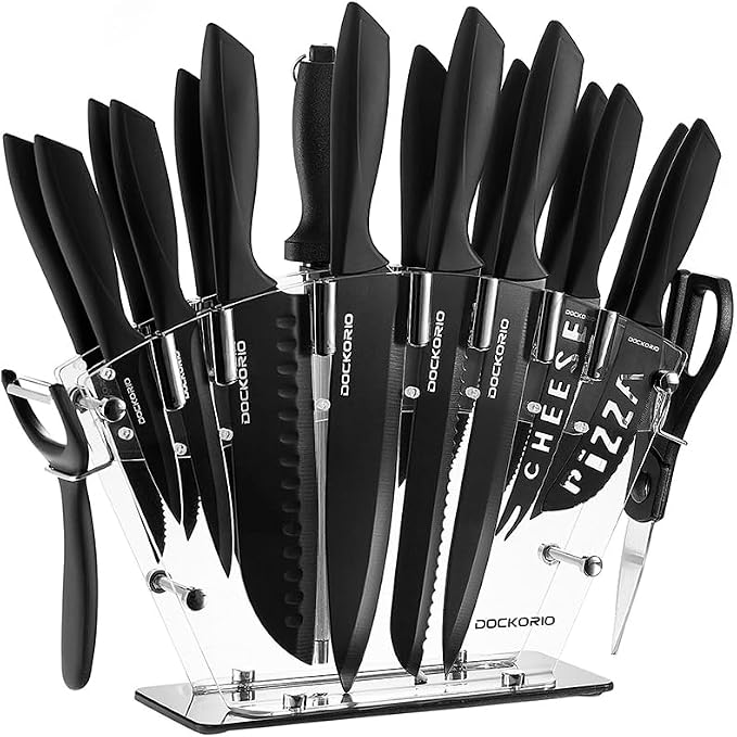 Kitchen Knife Set with Block, 19 PCS High Carbon Stainless Steel Sharp includes Serrated Steak Knives Set, Chef Knives, Bread Knife, Scissor, Sharpener, all in one