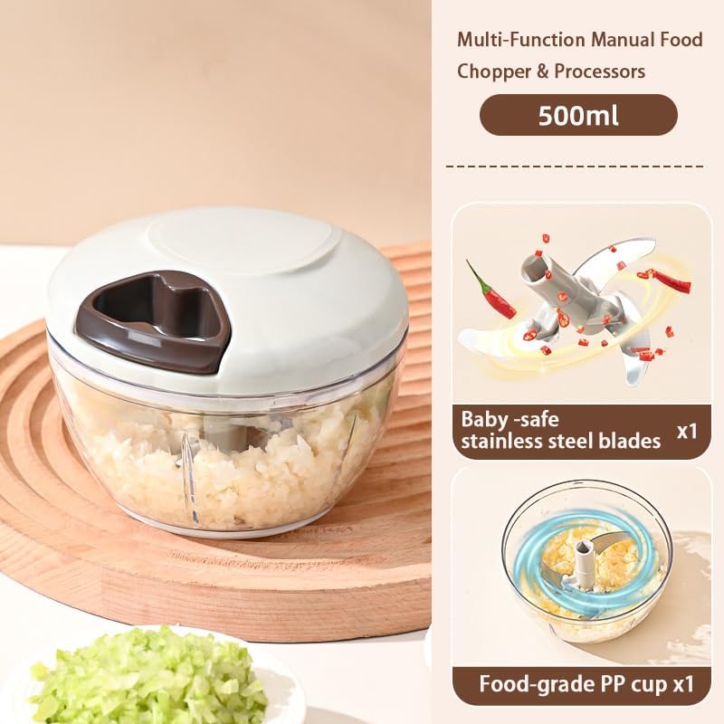 Manual Food Chopper Vegetable Processor, Portable Hand Pull String Garlic Mincer Onion Cutter for Veggies, Ginger, Fruits, Nuts Kitchen Cooking, Herbs, etc., 500ml, Kitchen Cooking Tool