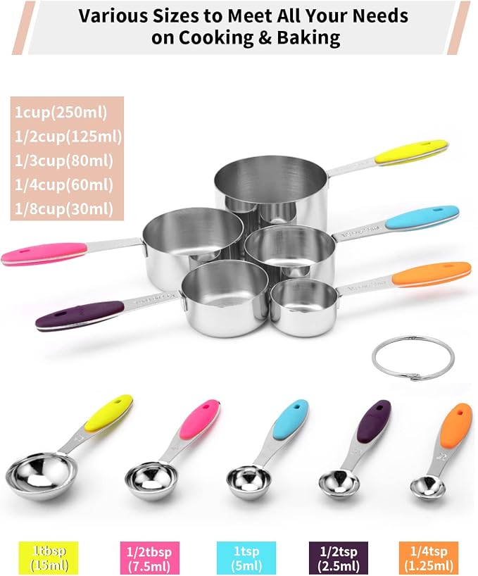 Joyhill Stainless Steel Measuring Cups and Spoons Set of 10 Piece, Nesting Metal Measuring Cups Set with Soft Touch Silicone Handles for Dry and Liquid Ingredients, Cooking & Baking (Colorful) | BPA-Free Silicone Handles, Etched Markings, Nestable Desi...