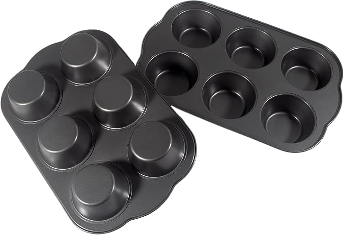Non-Stick Jumbo 3.5" 6-Cup Muffin Pans, Set of 2(Black) | Carbon Steel, Long Handle for Large Muffin & Cupcakes