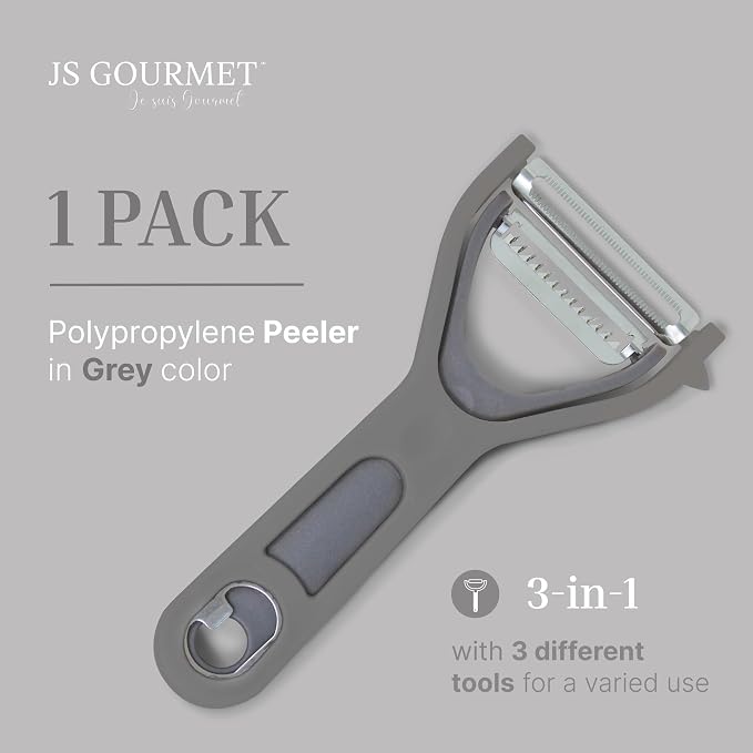 3 in 1 Vegetable Peeler – Julienne Slicer with Bottle Opener and Built-in Eye Remover – Stainless Steel Blade with Comfortable Handle – Potato, Cabbage, and Carrot Peeler for Kitchen – Grey