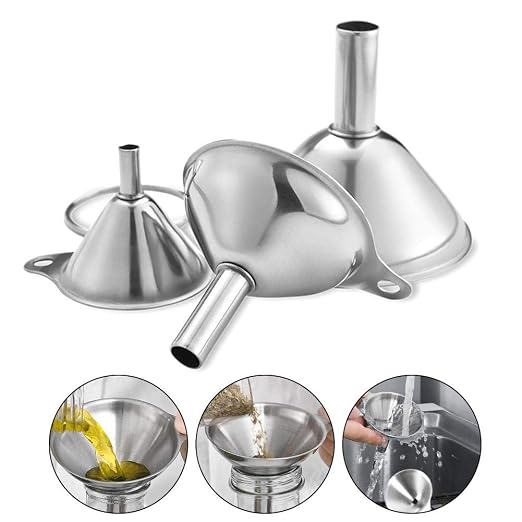 3 in 1 Metal Funnels for Filling Bottles Stainless Steel Small Kitchen Funnel Set for Transferring Essential Oils Liquid Fluid Spice Dry Ingredients Powder,Durable (‎Short-Handled Funnel)
